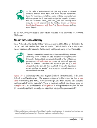 7 Multiple inheritance was considered harmful and excluded from Java, except for interfaces: Java interfaces can
extend multiple interfaces, and Java classes can implement multiple interfaces.
As the coder of a concrete subclass, you may be able to override
methods inherited from ABCs with more efficient implementa‐
tions. For example, __contains__ works by doing a sequential scan
of the sequence, but if your concrete sequence keeps its items sor‐
ted, you can write a faster __contains__ that does a binary search
using the bisect function from the standard library. See “Manag‐
ing Ordered Sequences with Bisect” at fluentpython.com to learn
more about it.
To use ABCs well, you need to know what’s available. We’ll review the collections
ABCs next.
ABCs in the Standard Library
Since Python 2.6, the standard library provides several ABCs. Most are defined in the
collections.abc module, but there are others. You can find ABCs in the io and
numbers packages, for example. But the most widely used are in collections.abc.
There are two modules named abc in the standard library. Here we
are talking about collections.abc. To reduce loading time, since
Python 3.4 that module is implemented outside of the collections
package—in Lib/_collections_abc.py—so it’s imported separately
from collections. The other abc module is just abc (i.e., Lib/
abc.py) where the abc.ABC class is defined. Every ABC depends on
the abc module, but we don’t need to import it ourselves except to
create a brand-new ABC.
Figure 13-4 is a summary UML class diagram (without attribute names) of 17 ABCs
defined in collections.abc. The documentation of collections.abc has a nice
table summarizing the ABCs, their relationships, and their abstract and concrete
methods (called “mixin methods”). There is plenty of multiple inheritance going on
in Figure 13-4. We’ll devote most of Chapter 14 to multiple inheritance, but for now
it’s enough to say that it is usually not a problem when ABCs are concerned.7
Goose Typing | 449
 