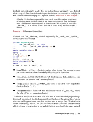 the built-ins (written in C) usually does not call methods overridden by user-defined
classes. A good short description of the problem is in the documentation for PyPy, in
the “Differences between PyPy and CPython” section, “Subclasses of built-in types”:
Officially, CPython has no rule at all for when exactly overridden method of subclasses
of built-in types get implicitly called or not. As an approximation, these methods are
never called by other built-in methods of the same object. For example, an overridden
__getitem__() in a subclass of dict will not be called by e.g. the built-in get()
method.
Example 14-1 illustrates the problem.
Example 14-1. Our __setitem__ override is ignored by the __init__ and __update__
methods of the built-in dict
>>> class DoppelDict(dict):
... def __setitem__(self, key, value):
... super().__setitem__(key, [value] * 2)
...
>>> dd = DoppelDict(one=1)
>>> dd
{'one': 1}
>>> dd['two'] = 2
>>> dd
{'one': 1, 'two': [2, 2]}
>>> dd.update(three=3)
>>> dd
{'three': 3, 'one': 1, 'two': [2, 2]}
DoppelDict.__setitem__ duplicates values when storing (for no good reason,
just to have a visible effect). It works by delegating to the superclass.
The __init__ method inherited from dict clearly ignored that __setitem__ was
overridden: the value of 'one' is not duplicated.
The [] operator calls our __setitem__ and works as expected: 'two' maps to the
duplicated value [2, 2].
The update method from dict does not use our version of __setitem__ either:
the value of 'three' was not duplicated.
This built-in behavior is a violation of a basic rule of object-oriented programming:
the search for methods should always start from the class of the receiver (self), even
when the call happens inside a method implemented in a superclass. This is what is
called “late binding,” which Alan Kay—of Smalltalk fame—considers a key feature of
object-oriented programming: in any call of the form x.method(), the exact method
Subclassing Built-In Types Is Tricky | 491
 