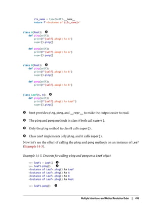 cls_name = type(self).__name__
return f'<instance of {cls_name}>'
class A(Root):
def ping(self):
print(f'{self}.ping() in A')
super().ping()
def pong(self):
print(f'{self}.pong() in A')
super().pong()
class B(Root):
def ping(self):
print(f'{self}.ping() in B')
super().ping()
def pong(self):
print(f'{self}.pong() in B')
class Leaf(A, B):
def ping(self):
print(f'{self}.ping() in Leaf')
super().ping()
Root provides ping, pong, and __repr__ to make the output easier to read.
The ping and pong methods in class A both call super().
Only the ping method in class B calls super().
Class Leaf implements only ping, and it calls super().
Now let’s see the effect of calling the ping and pong methods on an instance of Leaf
(Example 14-5).
Example 14-5. Doctests for calling ping and pong on a Leaf object
>>> leaf1 = Leaf()
>>> leaf1.ping()
<instance of Leaf>.ping() in Leaf
<instance of Leaf>.ping() in A
<instance of Leaf>.ping() in B
<instance of Leaf>.ping() in Root
>>> leaf1.pong()
Multiple Inheritance and Method Resolution Order | 495
 