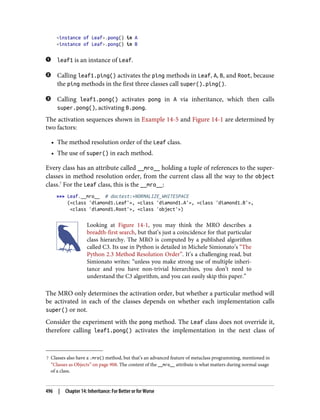 7 Classes also have a .mro() method, but that’s an advanced feature of metaclass programming, mentioned in
“Classes as Objects” on page 908. The content of the __mro__ attribute is what matters during normal usage
of a class.
<instance of Leaf>.pong() in A
<instance of Leaf>.pong() in B
leaf1 is an instance of Leaf.
Calling leaf1.ping() activates the ping methods in Leaf, A, B, and Root, because
the ping methods in the first three classes call super().ping().
Calling leaf1.pong() activates pong in A via inheritance, which then calls
super.pong(), activating B.pong.
The activation sequences shown in Example 14-5 and Figure 14-1 are determined by
two factors:
• The method resolution order of the Leaf class.
• The use of super() in each method.
Every class has an attribute called __mro__ holding a tuple of references to the super‐
classes in method resolution order, from the current class all the way to the object
class.7
For the Leaf class, this is the __mro__:
>>> Leaf.__mro__ # doctest:+NORMALIZE_WHITESPACE
(<class 'diamond1.Leaf'>, <class 'diamond1.A'>, <class 'diamond1.B'>,
<class 'diamond1.Root'>, <class 'object'>)
Looking at Figure 14-1, you may think the MRO describes a
breadth-first search, but that’s just a coincidence for that particular
class hierarchy. The MRO is computed by a published algorithm
called C3. Its use in Python is detailed in Michele Simionato’s “The
Python 2.3 Method Resolution Order”. It’s a challenging read, but
Simionato writes: “unless you make strong use of multiple inheri‐
tance and you have non-trivial hierarchies, you don’t need to
understand the C3 algorithm, and you can easily skip this paper.”
The MRO only determines the activation order, but whether a particular method will
be activated in each of the classes depends on whether each implementation calls
super() or not.
Consider the experiment with the pong method. The Leaf class does not override it,
therefore calling leaf1.pong() activates the implementation in the next class of
496 | Chapter 14: Inheritance: For Better or for Worse
 