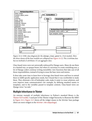 Figure 14-4. UML class diagram for the django.views.generic.list module. Here
the three classes of the base module are collapsed (see Figure 14-3). The ListView class
has no methods or attributes: it’s an aggregate class.
Class-based views were not universally embraced by Django users. Many do use them
in a limited way, as opaque boxes, but when it’s necessary to create something new, a
lot of Django coders continue writing monolithic view functions that take care of all
those responsibilities, instead of trying to reuse the base views and mixins.
It does take some time to learn how to leverage class-based views and how to extend
them to fulfill specific application needs, but I found that it was worthwhile to study
them. They eliminate a lot of boilerplate code, make it easier to reuse solutions, and
even improve team communication—for example, by defining standard names to
templates, and to the variables passed to template contexts. Class-based views are
Django views “on rails.”
Multiple Inheritance in Tkinter
An extreme example of multiple inheritance in Python’s standard library is the
Tkinter GUI toolkit. I used part of the Tkinter widget hierarchy to illustrate the MRO
in Figure 14-2. Figure 14-5 shows all the widget classes in the tkinter base package
(there are more widgets in the tkinter.ttk subpackage).
Multiple Inheritance in the Real World | 507
 