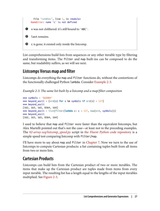 File "<stdin>", line 1, in <module>
NameError: name 'c' is not defined
x was not clobbered: it’s still bound to 'ABC'.
last remains.
c is gone; it existed only inside the listcomp.
List comprehensions build lists from sequences or any other iterable type by filtering
and transforming items. The filter and map built-ins can be composed to do the
same, but readability suffers, as we will see next.
Listcomps Versus map and filter
Listcomps do everything the map and filter functions do, without the contortions of
the functionally challenged Python lambda. Consider Example 2-3.
Example 2-3. The same list built by a listcomp and a map/filter composition
>>> symbols = '$¢£¥€¤'
>>> beyond_ascii = [ord(s) for s in symbols if ord(s) > 127]
>>> beyond_ascii
[162, 163, 165, 8364, 164]
>>> beyond_ascii = list(filter(lambda c: c > 127, map(ord, symbols)))
>>> beyond_ascii
[162, 163, 165, 8364, 164]
I used to believe that map and filter were faster than the equivalent listcomps, but
Alex Martelli pointed out that’s not the case—at least not in the preceding examples.
The 02-array-seq/listcomp_speed.py script in the Fluent Python code repository is a
simple speed test comparing listcomp with filter/map.
I’ll have more to say about map and filter in Chapter 7. Now we turn to the use of
listcomps to compute Cartesian products: a list containing tuples built from all items
from two or more lists.
Cartesian Products
Listcomps can build lists from the Cartesian product of two or more iterables. The
items that make up the Cartesian product are tuples made from items from every
input iterable. The resulting list has a length equal to the lengths of the input iterables
multiplied. See Figure 2-3.
List Comprehensions and Generator Expressions | 27
 