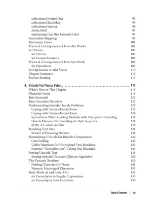 collections.OrderedDict 95
collections.ChainMap 95
collections.Counter 96
shelve.Shelf 97
Subclassing UserDict Instead of dict 97
Immutable Mappings 99
Dictionary Views 101
Practical Consequences of How dict Works 102
Set Theory 103
Set Literals 105
Set Comprehensions 106
Practical Consequences of How Sets Work 107
Set Operations 107
Set Operations on dict Views 110
Chapter Summary 112
Further Reading 113
4. Unicode Text Versus Bytes. . . . . . . . . . . . . . . . . . . . . . . . . . . . . . . . . . . . . . . . . . . . . . . . . 117
What’s New in This Chapter 118
Character Issues 118
Byte Essentials 120
Basic Encoders/Decoders 123
Understanding Encode/Decode Problems 125
Coping with UnicodeEncodeError 125
Coping with UnicodeDecodeError 126
SyntaxError When Loading Modules with Unexpected Encoding 128
How to Discover the Encoding of a Byte Sequence 128
BOM: A Useful Gremlin 129
Handling Text Files 131
Beware of Encoding Defaults 134
Normalizing Unicode for Reliable Comparisons 140
Case Folding 142
Utility Functions for Normalized Text Matching 143
Extreme “Normalization”: Taking Out Diacritics 144
Sorting Unicode Text 148
Sorting with the Unicode Collation Algorithm 150
The Unicode Database 150
Finding Characters by Name 151
Numeric Meaning of Characters 153
Dual-Mode str and bytes APIs 155
str Versus bytes in Regular Expressions 155
str Versus bytes in os Functions 156
Table of Contents | vii
 