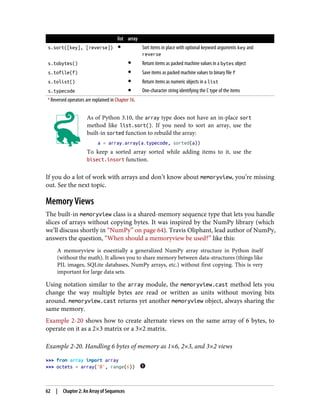 list array
s.sort([key], [reverse]) ● Sort items in place with optional keyword arguments key and
reverse
s.tobytes() ● Return items as packed machine values in a bytes object
s.tofile(f) ● Save items as packed machine values to binary file f
s.tolist() ● Return items as numeric objects in a list
s.typecode ● One-character string identifying the C type of the items
a Reversed operators are explained in Chapter 16.
As of Python 3.10, the array type does not have an in-place sort
method like list.sort(). If you need to sort an array, use the
built-in sorted function to rebuild the array:
a = array.array(a.typecode, sorted(a))
To keep a sorted array sorted while adding items to it, use the
bisect.insort function.
If you do a lot of work with arrays and don’t know about memoryview, you’re missing
out. See the next topic.
Memory Views
The built-in memoryview class is a shared-memory sequence type that lets you handle
slices of arrays without copying bytes. It was inspired by the NumPy library (which
we’ll discuss shortly in “NumPy” on page 64). Travis Oliphant, lead author of NumPy,
answers the question, “When should a memoryview be used?” like this:
A memoryview is essentially a generalized NumPy array structure in Python itself
(without the math). It allows you to share memory between data-structures (things like
PIL images, SQLite databases, NumPy arrays, etc.) without first copying. This is very
important for large data sets.
Using notation similar to the array module, the memoryview.cast method lets you
change the way multiple bytes are read or written as units without moving bits
around. memoryview.cast returns yet another memoryview object, always sharing the
same memory.
Example 2-20 shows how to create alternate views on the same array of 6 bytes, to
operate on it as a 2×3 matrix or a 3×2 matrix.
Example 2-20. Handling 6 bytes of memory as 1×6, 2×3, and 3×2 views
>>> from array import array
>>> octets = array('B', range(6))
62 | Chapter 2: An Array of Sequences
 
