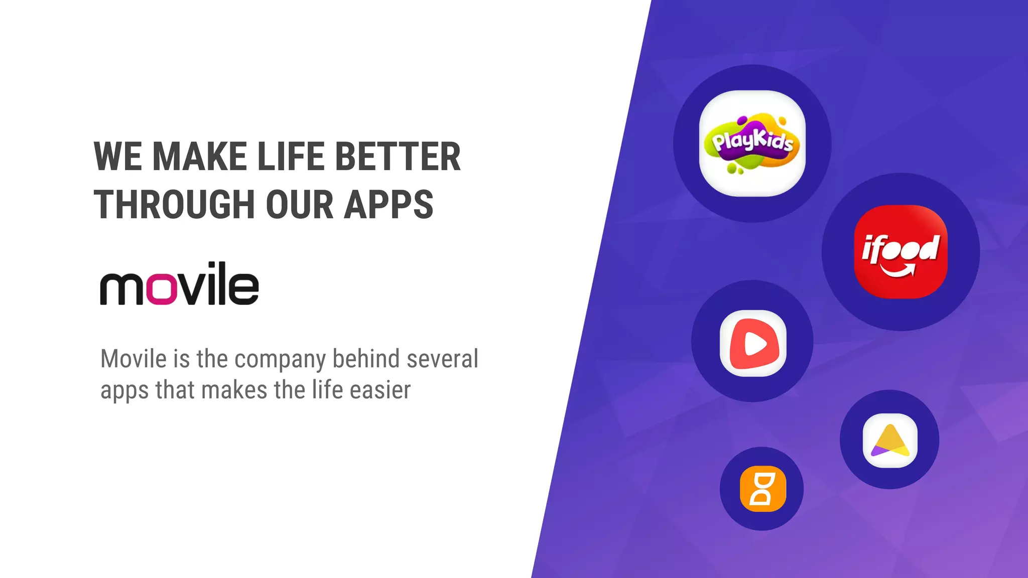 Movile is the company behind several
apps that makes the life easier
WE MAKE LIFE BETTER
THROUGH OUR APPS
 