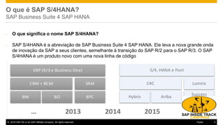 © 2016 SAP SE or an SAP affiliate company. All rights reserved. 4Public
O que é SAP S/4HANA?
SAP Business Suite 4 SAP HANA
- O que significa o nome SAP S/4HANA?
- SAP S/4HANA é a abreviação de SAP Business Suite 4 SAP HANA. Ele leva a nova grande onda
de inovação da SAP a seus clientes, semelhante à transição do SAP R/2 para o SAP R/3. O SAP
S/4HANA é um produto novo com uma nova linha de código
 
