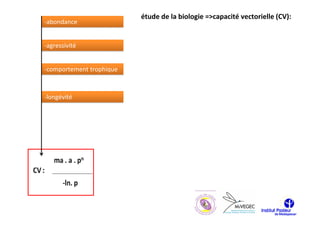 étude de la biologie =>capacité vectorielle (CV):
-abondance


-agressivité


-comportement trophique



-longévité
 