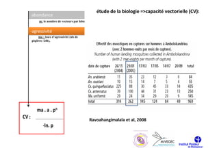 étude de la biologie =>capacité vectorielle (CV):
-abondance
     m: le nombre de vecteurs par hôte


-agressivité
    ma : taux d’agressivité (nb de
piqûres /24h),




                                         Ravoahangimalala et al, 2008
 