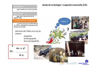 étude de la biologie =>capacité vectorielle (CV):
-abondance
     m: le nombre de vecteurs par hôte


-agressivité
    ma : taux d’agressivité (nb de
piqûres /24h),

-comportement trophique                                          miam..?
     a : nb de repas pris sur hôte/24h par
un vecteur, dépendant de la présence des
homme ou de bétail


  Attirance de l’Hôte vis-à-vis du                                     ?
  vecteur
            -Zoophilie
            -Anthropophile
            -Zoo-antropophilie
 