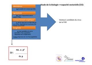 étude de la biologie =>capacité vectorielle (CV):
-abondance
     m: le nombre de vecteurs par hôte


-agressivité
    ma : taux d’agressivité (nb de
piqûres /24h),

-comportement trophique                                           Vecteurs candidats du virus
     a : nb de repas pris sur hôte/24h par                        de la FVR
un vecteur, dépendant de la présence des
homme ou de bétail
-longévité
       p : taux quotidien de survie
  journalier d’une population,
  dépendant de la température
1/-ln p: Esperance de vie d’une population
 