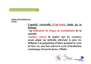 Moustique vecteur « démontré »:



 étudier leurs biologies sur
 terrain
                        Capacité vectorielle (Cap.Vect): étude de la
                        biologie
                         -un indicateur de risque de transmission de la
                        maladie
                        -nombre moyen de piqûre que les vecteurs,
                        ayant piqué un individu infectant le jour (t),
                        infligent à la population d’hôtes pendant le reste
                        de leur vie, une fois achevé le cycle d’incubation
                        extrinsèque (Garrett-Jones, 1964b).
 