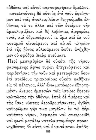οὐδέπω καὶ αὐτοὶ καρποφορήσειν ἔμελλον.
καταλιπόντες δὲ αὐτοὺς ἐπὶ ναῦν ἐφεύγο-
μεν καὶ τοῖς ἀπολειφθεῖσιν διηγούμεθα ἐλ-
θόντες τά τε ἄλλα καὶ τῶν ἑταίρων τὴν
ἀμπελομιξίαν. καὶ δὴ λαβόντες ἀμφορέας
τινὰς καὶ ὑδρευσάμενοί τε ἅμα καὶ ἐκ τοῦ
ποταμοῦ οἰνισάμενοι καὶ αὐτοῦ πλησίον
ἐπὶ τῆς ᾐόνος αὐλισάμενοι ἕωθεν ἀνήχθη-
μεν οὐ σφόδρα βιαίῳ πνεύματι.
Περὶ μεσημβρίαν δὲ οὐκέτι τῆς νήσου
φαινομένης ἄφνω τυφὼν ἐπιγενόμενος καὶ
περιδινήσας τὴν ναῦν καὶ μετεωρίσας ὅσον
ἐπὶ σταδίους τριακοσίους οὐκέτι καθῆκεν
εἰς τὸ πέλαγος, ἀλλ' ἄνω μετέωρον ἐξηρτη-
μένην ἄνεμος ἐμπεσὼν τοῖς ἱστίοις ἔφερεν
κολπώσας τὴν ὀθόνην. ἑπτὰ δὲ ἡμέρας καὶ
τὰς ἴσας νύκτας ἀεροδρομήσαντες, ὀγδόῃ
καθορῶμεν γῆν τινα μεγάλην ἐν τῷ ἀέρι
καθάπερ νῆσον, λαμπρὰν καὶ σφαιροειδῆ
καὶ φωτὶ μεγάλῳ καταλαμπομένην· προσε-
νεχθέντες δὲ αὐτῇ καὶ ὁρμισάμενοι ἀπέβη-
188
 