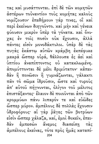 τας καὶ μυσάττονται. ἐπὶ δὲ τῶν κομητῶν
ἀστέρων τοὐναντίον τοὺς κομήτας καλοὺς
νομίζουσιν· ἐπεδήμουν γάρ τινες, οἳ καὶ
περὶ ἐκείνων διηγοῦντο. καὶ μὴν καὶ γένεια
φύουσιν μικρὸν ὑπὲρ τὰ γόνατα. καὶ ὄνυ-
χας ἐν τοῖς ποσὶν οὐκ ἔχουσιν, ἀλλὰ
πάντες εἰσὶν μονοδάκτυλοι. ὑπὲρ δὲ τὰς
πυγὰς ἑκάστῳ αὐτῶν κράμβη ἐκπέφυκε
μακρὰ ὥσπερ οὐρά, θάλλουσα ἐς ἀεὶ καὶ
ὑπτίου ἀναπίπτοντος οὐ κατακλωμένη.
ἀπομύττονται δὲ μέλι δριμύτατον· κἀπει-
δὰν ἢ πονῶσιν ἢ γυμνάζωνται, γάλακτι
πᾶν τὸ σῶμα ἱδροῦσιν, ὥστε καὶ τυροὺς
ἀπ' αὐτοῦ πήγνυνται, ὀλίγον τοῦ μέλιτος
ἐπιστάξαντες· ἔλαιον δὲ ποιοῦνται ἀπὸ τῶν
κρομμύων πάνυ λιπαρόν τε καὶ εὐῶδες
ὥσπερ μύρον. ἀμπέλους δὲ πολλὰς ἔχουσιν
ὑδροφόρους· αἱ γὰρ ῥᾶγες τῶν βοτρύων
εἰσὶν ὥσπερ χάλαζα, καί, ἐμοὶ δοκεῖν, ἐπει-
δὰν ἐμπεσὼν ἄνεμος διασείσῃ τὰς
ἀμπέλους ἐκείνας, τότε πρὸς ἡμᾶς καταπί-
204
 