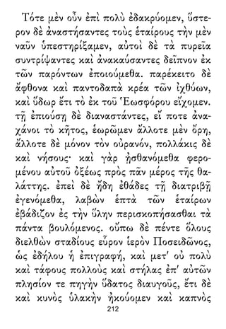 Τότε μὲν οὖν ἐπὶ πολὺ ἐδακρύομεν, ὕστε-
ρον δὲ ἀναστήσαντες τοὺς ἑταίρους τὴν μὲν
ναῦν ὑπεστηρίξαμεν, αὐτοὶ δὲ τὰ πυρεῖα
συντρίψαντες καὶ ἀνακαύσαντες δεῖπνον ἐκ
τῶν παρόντων ἐποιούμεθα. παρέκειτο δὲ
ἄφθονα καὶ παντοδαπὰ κρέα τῶν ἰχθύων,
καὶ ὕδωρ ἔτι τὸ ἐκ τοῦ Ἑωσφόρου εἴχομεν.
τῇ ἐπιούσῃ δὲ διαναστάντες, εἴ ποτε ἀνα-
χάνοι τὸ κῆτος, ἑωρῶμεν ἄλλοτε μὲν ὄρη,
ἄλλοτε δὲ μόνον τὸν οὐρανόν, πολλάκις δὲ
καὶ νήσους· καὶ γὰρ ᾐσθανόμεθα φερο-
μένου αὐτοῦ ὀξέως πρὸς πᾶν μέρος τῆς θα-
λάττης. ἐπεὶ δὲ ἤδη ἐθάδες τῇ διατριβῇ
ἐγενόμεθα, λαβὼν ἑπτὰ τῶν ἑταίρων
ἐβάδιζον ἐς τὴν ὕλην περισκοπήσασθαι τὰ
πάντα βουλόμενος. οὔπω δὲ πέντε ὅλους
διελθὼν σταδίους εὗρον ἱερὸν Ποσειδῶνος,
ὡς ἐδήλου ἡ ἐπιγραφή, καὶ μετ' οὐ πολὺ
καὶ τάφους πολλοὺς καὶ στήλας ἐπ' αὐτῶν
πλησίον τε πηγὴν ὕδατος διαυγοῦς, ἔτι δὲ
καὶ κυνὸς ὑλακὴν ἠκούομεν καὶ καπνὸς
212
 