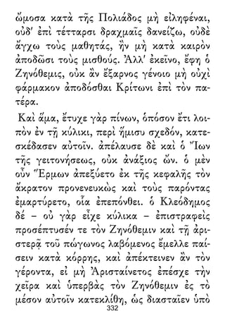 ὤμοσα κατὰ τῆς Πολιάδος μὴ εἰληφέναι,
οὐδ' ἐπὶ τέτταρσι δραχμαῖς δανείζω, οὐδὲ
ἄγχω τοὺς μαθητάς, ἢν μὴ κατὰ καιρὸν
ἀποδῶσι τοὺς μισθούς. Ἀλλ' ἐκεῖνο, ἔφη ὁ
Ζηνόθεμις, οὐκ ἂν ἔξαρνος γένοιο μὴ οὐχὶ
φάρμακον ἀποδόσθαι Κρίτωνι ἐπὶ τὸν πα-
τέρα.
Καὶ ἅμα, ἔτυχε γὰρ πίνων, ὁπόσον ἔτι λοι-
πὸν ἐν τῇ κύλικι, περὶ ἥμισυ σχεδόν, κατε-
σκέδασεν αὐτοῖν. ἀπέλαυσε δὲ καὶ ὁ Ἴων
τῆς γειτονήσεως, οὐκ ἀνάξιος ὤν. ὁ μὲν
οὖν Ἕρμων ἀπεξύετο ἐκ τῆς κεφαλῆς τὸν
ἄκρατον προνενευκὼς καὶ τοὺς παρόντας
ἐμαρτύρετο, οἷα ἐπεπόνθει. ὁ Κλεόδημος
δέ – οὐ γὰρ εἶχε κύλικα – ἐπιστραφεὶς
προσέπτυσέν τε τὸν Ζηνόθεμιν καὶ τῇ ἀρι-
στερᾷ τοῦ πώγωνος λαβόμενος ἔμελλε παί-
σειν κατὰ κόρρης, καὶ ἀπέκτεινεν ἂν τὸν
γέροντα, εἰ μὴ Ἀρισταίνετος ἐπέσχε τὴν
χεῖρα καὶ ὑπερβὰς τὸν Ζηνόθεμιν ἐς τὸ
μέσον αὐτοῖν κατεκλίθη, ὡς διασταῖεν ὑπὸ
332
 