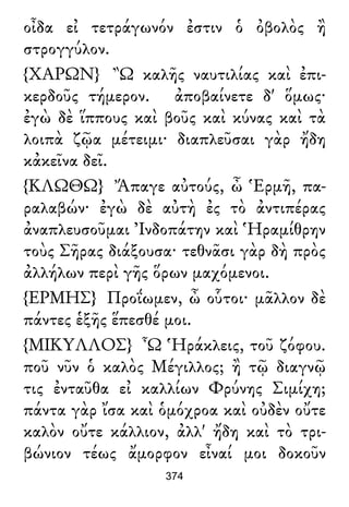 οἶδα εἰ τετράγωνόν ἐστιν ὁ ὀβολὸς ἢ
στρογγύλον.
{ΧΑΡΩΝ} Ὢ καλῆς ναυτιλίας καὶ ἐπι-
κερδοῦς τήμερον. ἀποβαίνετε δ' ὅμως·
ἐγὼ δὲ ἵππους καὶ βοῦς καὶ κύνας καὶ τὰ
λοιπὰ ζῷα μέτειμι· διαπλεῦσαι γὰρ ἤδη
κἀκεῖνα δεῖ.
{ΚΛΩΘΩ} Ἄπαγε αὐτούς, ὦ Ἑρμῆ, πα-
ραλαβών· ἐγὼ δὲ αὐτὴ ἐς τὸ ἀντιπέρας
ἀναπλευσοῦμαι Ἰνδοπάτην καὶ Ἡραμίθρην
τοὺς Σῆρας διάξουσα· τεθνᾶσι γὰρ δὴ πρὸς
ἀλλήλων περὶ γῆς ὅρων μαχόμενοι.
{ΕΡΜΗΣ} Προΐωμεν, ὦ οὗτοι· μᾶλλον δὲ
πάντες ἑξῆς ἕπεσθέ μοι.
{ΜΙΚΥΛΛΟΣ} Ὦ Ἡράκλεις, τοῦ ζόφου.
ποῦ νῦν ὁ καλὸς Μέγιλλος; ἢ τῷ διαγνῷ
τις ἐνταῦθα εἰ καλλίων Φρύνης Σιμίχη;
πάντα γὰρ ἴσα καὶ ὁμόχροα καὶ οὐδὲν οὔτε
καλὸν οὔτε κάλλιον, ἀλλ' ἤδη καὶ τὸ τρι-
βώνιον τέως ἄμορφον εἶναί μοι δοκοῦν
374
 