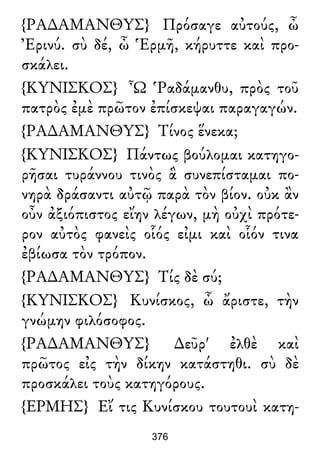 {ΡΑ∆ΑΜΑΝΘΥΣ} Πρόσαγε αὐτούς, ὦ
Ἐρινύ. σὺ δέ, ὦ Ἑρμῆ, κήρυττε καὶ προ-
σκάλει.
{ΚΥΝΙΣΚΟΣ} Ὦ Ῥαδάμανθυ, πρὸς τοῦ
πατρὸς ἐμὲ πρῶτον ἐπίσκεψαι παραγαγών.
{ΡΑ∆ΑΜΑΝΘΥΣ} Τίνος ἕνεκα;
{ΚΥΝΙΣΚΟΣ} Πάντως βούλομαι κατηγο-
ρῆσαι τυράννου τινὸς ἃ συνεπίσταμαι πο-
νηρὰ δράσαντι αὐτῷ παρὰ τὸν βίον. οὐκ ἂν
οὖν ἀξιόπιστος εἴην λέγων, μὴ οὐχὶ πρότε-
ρον αὐτὸς φανεὶς οἷός εἰμι καὶ οἷόν τινα
ἐβίωσα τὸν τρόπον.
{ΡΑ∆ΑΜΑΝΘΥΣ} Τίς δὲ σύ;
{ΚΥΝΙΣΚΟΣ} Κυνίσκος, ὦ ἄριστε, τὴν
γνώμην φιλόσοφος.
{ΡΑ∆ΑΜΑΝΘΥΣ} ∆εῦρ' ἐλθὲ καὶ
πρῶτος εἰς τὴν δίκην κατάστηθι. σὺ δὲ
προσκάλει τοὺς κατηγόρους.
{ΕΡΜΗΣ} Εἴ τις Κυνίσκου τουτουὶ κατη-
376
 