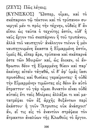{ΖΕΥΣ} Πῶς λέγεις;
{ΚΥΝΙΣΚΟΣ} Ὥσπερ, οἶμαι, καὶ τὸ
σκέπαρνον τῷ τέκτονι καὶ τὸ τρύπανον συ-
νεργεῖ μέν τι πρὸς τὴν τέχνην, οὐδεὶς δ' ἂν
εἴποι ὡς ταῦτα ὁ τεχνίτης ἐστίν, οὐδ' ἡ
ναῦς ἔργον τοῦ σκεπάρνου ἢ τοῦ τρυπάνου,
ἀλλὰ τοῦ ναυπηγοῦ· ἀνάλογον τοίνυν ἡ μὲν
ναυπηγουμένη ἕκαστα ἡ Εἱμαρμένη ἐστίν,
ὑμεῖς δέ, εἴπερ ἄρα, τρύπανα καὶ σκέπαρνά
ἐστε τῶν Μοιρῶν· καί, ὡς ἔοικεν, οἱ ἄν-
θρωποι δέον τῇ Εἱμαρμένῃ θύειν καὶ παρ'
ἐκείνης αἰτεῖν τἀγαθά, οἱ δ' ἐφ' ὑμᾶς ἴασι
προσόδοις καὶ θυσίαις γεραίροντες· ἢ οὐδὲ
τὴν Εἱμαρμένην τιμῶντες εἰς δέον ἂν αὐτὸ
ἔπραττον· οὐ γὰρ οἶμαι δυνατὸν εἶναι οὐδὲ
αὐταῖς ἔτι ταῖς Μοίραις ἀλλάξαι τι καὶ με-
τατρέψαι τῶν ἐξ ἀρχῆς δοξάντων περὶ
ἑκάστου· ἡ γοῦν Ἄτροπος οὐκ ἀνάσχοιτ'
ἄν, εἴ τις εἰς τὸ ἐναντίον στρέψειε τὸν
ἄτρακτον ἀναλύων τῆς Κλωθοῦς τὸ ἔργον.
396
 