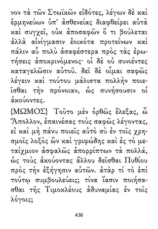 νον τὰ τῶν Στωϊκῶν εἰδότες, λέγων δὲ καὶ
ἑρμηνεύων ὑπ' ἀσθενείας διαφθείρει αὐτὰ
καὶ συγχεῖ, οὐκ ἀποσαφῶν ὅ τι βούλεται
ἀλλὰ αἰνίγμασιν ἐοικότα προτείνων καὶ
πάλιν αὖ πολὺ ἀσαφέστερα πρὸς τὰς ἐρω-
τήσεις ἀποκρινόμενος· οἱ δὲ οὐ συνιέντες
καταγελῶσιν αὐτοῦ. δεῖ δὲ οἶμαι σαφῶς
λέγειν καὶ τούτου μάλιστα πολλὴν ποιε-
ῖσθαι τὴν πρόνοιαν, ὡς συνήσουσιν οἱ
ἀκούοντες.
{ΜΩΜΟΣ} Τοῦτο μὲν ὀρθῶς ἔλεξας, ὦ
Ἄπολλον, ἐπαινέσας τοὺς σαφῶς λέγοντας,
εἰ καὶ μὴ πάνυ ποιεῖς αὐτὸ σὺ ἐν τοῖς χρη-
σμοῖς λοξὸς ὢν καὶ γριφώδης καὶ ἐς τὸ με-
ταίχμιον ἀσφαλῶς ἀπορρίπτων τὰ πολλά,
ὡς τοὺς ἀκούοντας ἄλλου δεῖσθαι Πυθίου
πρὸς τὴν ἐξήγησιν αὐτῶν. ἀτὰρ τί τὸ ἐπὶ
τούτῳ συμβουλεύεις; τίνα ἴασιν ποιήσα-
σθαι τῆς Τιμοκλέους ἀδυναμίας ἐν τοῖς
λόγοις;
436
 