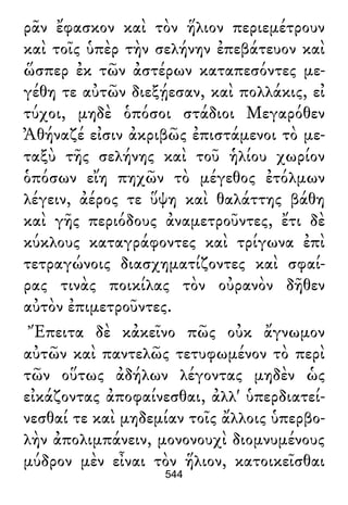 ρᾶν ἔφασκον καὶ τὸν ἥλιον περιεμέτρουν
καὶ τοῖς ὑπὲρ τὴν σελήνην ἐπεβάτευον καὶ
ὥσπερ ἐκ τῶν ἀστέρων καταπεσόντες με-
γέθη τε αὐτῶν διεξῄεσαν, καὶ πολλάκις, εἰ
τύχοι, μηδὲ ὁπόσοι στάδιοι Μεγαρόθεν
Ἀθήναζέ εἰσιν ἀκριβῶς ἐπιστάμενοι τὸ με-
ταξὺ τῆς σελήνης καὶ τοῦ ἡλίου χωρίον
ὁπόσων εἴη πηχῶν τὸ μέγεθος ἐτόλμων
λέγειν, ἀέρος τε ὕψη καὶ θαλάττης βάθη
καὶ γῆς περιόδους ἀναμετροῦντες, ἔτι δὲ
κύκλους καταγράφοντες καὶ τρίγωνα ἐπὶ
τετραγώνοις διασχηματίζοντες καὶ σφαί-
ρας τινὰς ποικίλας τὸν οὐρανὸν δῆθεν
αὐτὸν ἐπιμετροῦντες.
Ἔπειτα δὲ κἀκεῖνο πῶς οὐκ ἄγνωμον
αὐτῶν καὶ παντελῶς τετυφωμένον τὸ περὶ
τῶν οὕτως ἀδήλων λέγοντας μηδὲν ὡς
εἰκάζοντας ἀποφαίνεσθαι, ἀλλ' ὑπερδιατεί-
νεσθαί τε καὶ μηδεμίαν τοῖς ἄλλοις ὑπερβο-
λὴν ἀπολιμπάνειν, μονονουχὶ διομνυμένους
μύδρον μὲν εἶναι τὸν ἥλιον, κατοικεῖσθαι
544
 