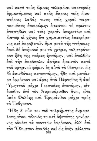 καὶ κατὰ τοὺς ὤμους τελαμῶσι καρτεροῖς
ἁρμοσάμενος καὶ πρὸς ἄκροις τοῖς ὠκυ-
πτέροις λαβάς τινας ταῖς χερσὶ παρα-
σκευάσας ἐπειρώμην ἐμαυτοῦ τὸ πρῶτον
ἀναπηδῶν καὶ ταῖς χερσὶν ὑπηρετῶν καὶ
ὥσπερ οἱ χῆνες ἔτι χαμαιπετῶς ἐπαιρόμε-
νος καὶ ἀκροβατῶν ἅμα μετὰ τῆς πτήσεως·
ἐπεὶ δὲ ὑπήκουέ μοι τὸ χρῆμα, τολμηρότε-
ρον ἤδη τῆς πείρας ἡπτόμην, καὶ ἀνελθὼν
ἐπὶ τὴν ἀκρόπολιν ἀφῆκα ἐμαυτὸν κατὰ
τοῦ κρημνοῦ φέρων ἐς αὐτὸ τὸ θέατρον. ὡς
δὲ ἀκινδύνως κατεπτόμην, ἤδη καὶ μετέω-
ρα ἐφρόνουν καὶ ἄρας ἀπὸ Πάρνηθος ἢ ἀπὸ
Ὑμηττοῦ μέχρι Γερανείας ἐπετόμην, εἶτ'
ἐκεῖθεν ἐπὶ τὸν Ἀκροκόρινθον ἄνω, εἶτα
ὑπὲρ Φολόης καὶ Ἐρυμάνθου μέχρι πρὸς
τὸ Ταΰγετον.
Ἤδη δ' οὖν μοι τοῦ τολμήματος ἐκμεμε-
λετημένου τέλειός τε καὶ ὑψιπέτης γενόμε-
νος οὐκέτι τὰ νεοττῶν ἐφρόνουν, ἀλλ' ἐπὶ
τὸν Ὄλυμπον ἀναβὰς καὶ ὡς ἐνῆν μάλιστα
549
 