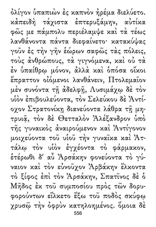 ὀλίγον ὑπαπιὼν ἐς καπνὸν ἠρέμα διελύετο.
κἀπειδὴ τάχιστα ἐπτερυξάμην, αὐτίκα
φῶς με πάμπολυ περιέλαμψε καὶ τὰ τέως
λανθάνοντα πάντα διεφαίνετο· κατακύψας
γοῦν ἐς τὴν γῆν ἑώρων σαφῶς τὰς πόλεις,
τοὺς ἀνθρώπους, τὰ γιγνόμενα, καὶ οὐ τὰ
ἐν ὑπαίθρῳ μόνον, ἀλλὰ καὶ ὁπόσα οἴκοι
ἔπραττον οἰόμενοι λανθάνειν, Πτολεμαῖον
μὲν συνόντα τῇ ἀδελφῇ, Λυσιμάχῳ δὲ τὸν
υἱὸν ἐπιβουλεύοντα, τὸν Σελεύκου δὲ Ἀντί-
οχον Στρατονίκῃ διανεύοντα λάθρα τῇ μη-
τρυιᾷ, τὸν δὲ Θετταλὸν Ἀλέξανδρον ὑπὸ
τῆς γυναικὸς ἀναιρούμενον καὶ Ἀντίγονον
μοιχεύοντα τοῦ υἱοῦ τὴν γυναῖκα καὶ Ἀτ-
τάλῳ τὸν υἱὸν ἐγχέοντα τὸ φάρμακον,
ἑτέρωθι δ' αὖ Ἀρσάκην φονεύοντα τὸ γύ-
ναιον καὶ τὸν εὐνοῦχον Ἀρβάκην ἕλκοντα
τὸ ξίφος ἐπὶ τὸν Ἀρσάκην, Σπατῖνος δὲ ὁ
Μῆδος ἐκ τοῦ συμποσίου πρὸς τῶν δορυ-
φορούντων εἵλκετο ἔξω τοῦ ποδὸς σκύφῳ
χρυσῷ τὴν ὀφρὺν κατηλοημένος. ὅμοια δὲ
556
 