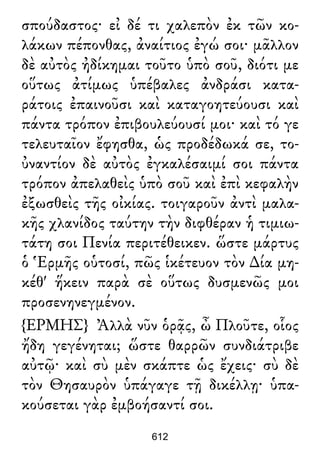 σπούδαστος· εἰ δέ τι χαλεπὸν ἐκ τῶν κο-
λάκων πέπονθας, ἀναίτιος ἐγώ σοι· μᾶλλον
δὲ αὐτὸς ἠδίκημαι τοῦτο ὑπὸ σοῦ, διότι με
οὕτως ἀτίμως ὑπέβαλες ἀνδράσι κατα-
ράτοις ἐπαινοῦσι καὶ καταγοητεύουσι καὶ
πάντα τρόπον ἐπιβουλεύουσί μοι· καὶ τό γε
τελευταῖον ἔφησθα, ὡς προδέδωκά σε, το-
ὐναντίον δὲ αὐτὸς ἐγκαλέσαιμί σοι πάντα
τρόπον ἀπελαθεὶς ὑπὸ σοῦ καὶ ἐπὶ κεφαλὴν
ἐξωσθεὶς τῆς οἰκίας. τοιγαροῦν ἀντὶ μαλα-
κῆς χλανίδος ταύτην τὴν διφθέραν ἡ τιμιω-
τάτη σοι Πενία περιτέθεικεν. ὥστε μάρτυς
ὁ Ἑρμῆς οὑτοσί, πῶς ἱκέτευον τὸν ∆ία μη-
κέθ' ἥκειν παρὰ σὲ οὕτως δυσμενῶς μοι
προσενηνεγμένον.
{ΕΡΜΗΣ} Ἀλλὰ νῦν ὁρᾷς, ὦ Πλοῦτε, οἷος
ἤδη γεγένηται; ὥστε θαρρῶν συνδιάτριβε
αὐτῷ· καὶ σὺ μὲν σκάπτε ὡς ἔχεις· σὺ δὲ
τὸν Θησαυρὸν ὑπάγαγε τῇ δικέλλῃ· ὑπα-
κούσεται γὰρ ἐμβοήσαντί σοι.
612
 