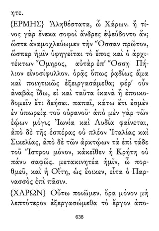 ητε.
{ΕΡΜΗΣ} Ἀληθέστατα, ὦ Χάρων. ἢ τί-
νος γὰρ ἕνεκα σοφοὶ ἄνδρες ἐψεύδοντο ἄν;
ὥστε ἀναμοχλεύωμεν τὴν Ὄσσαν πρῶτον,
ὥσπερ ἡμῖν ὑφηγεῖται τὸ ἔπος καὶ ὁ ἀρχι-
τέκτων Ὅμηρος, αὐτὰρ ἐπ' Ὄσσῃ Πή-
λιον εἰνοσίφυλλον. ὁρᾷς ὅπως ῥᾳδίως ἅμα
καὶ ποιητικῶς ἐξειργασάμεθα; φέρ' οὖν
ἀναβὰς ἴδω, εἰ καὶ ταῦτα ἱκανὰ ἢ ἐποικο-
δομεῖν ἔτι δεήσει. παπαῖ, κάτω ἔτι ἐσμὲν
ἐν ὑπωρείᾳ τοῦ οὐρανοῦ· ἀπὸ μὲν γὰρ τῶν
ἑῴων μόγις Ἰωνία καὶ Λυδία φαίνεται,
ἀπὸ δὲ τῆς ἑσπέρας οὐ πλέον Ἰταλίας καὶ
Σικελίας, ἀπὸ δὲ τῶν ἀρκτῴων τὰ ἐπὶ τάδε
τοῦ Ἴστρου μόνον, κἀκεῖθεν ἡ Κρήτη οὐ
πάνυ σαφῶς. μετακινητέα ἡμῖν, ὦ πορ-
θμεῦ, καὶ ἡ Οἴτη, ὡς ἔοικεν, εἶτα ὁ Παρ-
νασσὸς ἐπὶ πᾶσιν.
{ΧΑΡΩΝ} Οὕτω ποιῶμεν. ὅρα μόνον μὴ
λεπτότερον ἐξεργασώμεθα τὸ ἔργον ἀπο-
638
 