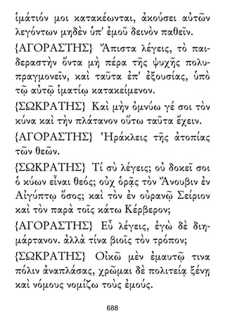 ἱμάτιόν μοι κατακέωνται, ἀκούσει αὐτῶν
λεγόντων μηδὲν ὑπ' ἐμοῦ δεινὸν παθεῖν.
{ΑΓΟΡΑΣΤΗΣ} Ἄπιστα λέγεις, τὸ παι-
δεραστὴν ὄντα μὴ πέρα τῆς ψυχῆς πολυ-
πραγμονεῖν, καὶ ταῦτα ἐπ' ἐξουσίας, ὑπὸ
τῷ αὐτῷ ἱματίῳ κατακείμενον.
{ΣΩΚΡΑΤΗΣ} Καὶ μὴν ὀμνύω γέ σοι τὸν
κύνα καὶ τὴν πλάτανον οὕτω ταῦτα ἔχειν.
{ΑΓΟΡΑΣΤΗΣ} Ἡράκλεις τῆς ἀτοπίας
τῶν θεῶν.
{ΣΩΚΡΑΤΗΣ} Τί σὺ λέγεις; οὐ δοκεῖ σοι
ὁ κύων εἶναι θεός; οὐχ ὁρᾷς τὸν Ἄνουβιν ἐν
Αἰγύπτῳ ὅσος; καὶ τὸν ἐν οὐρανῷ Σείριον
καὶ τὸν παρὰ τοῖς κάτω Κέρβερον;
{ΑΓΟΡΑΣΤΗΣ} Εὖ λέγεις, ἐγὼ δὲ διη-
μάρτανον. ἀλλὰ τίνα βιοῖς τὸν τρόπον;
{ΣΩΚΡΑΤΗΣ} Οἰκῶ μὲν ἐμαυτῷ τινα
πόλιν ἀναπλάσας, χρῶμαι δὲ πολιτείᾳ ξένῃ
καὶ νόμους νομίζω τοὺς ἐμούς.
688
 