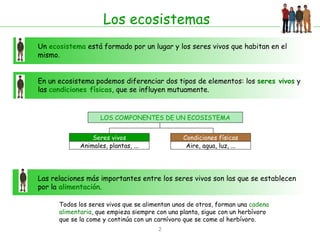 Los ecosistemas Un  ecosistema  está formado por un lugar y los seres vivos que habitan en el mismo.  Las relaciones más i...