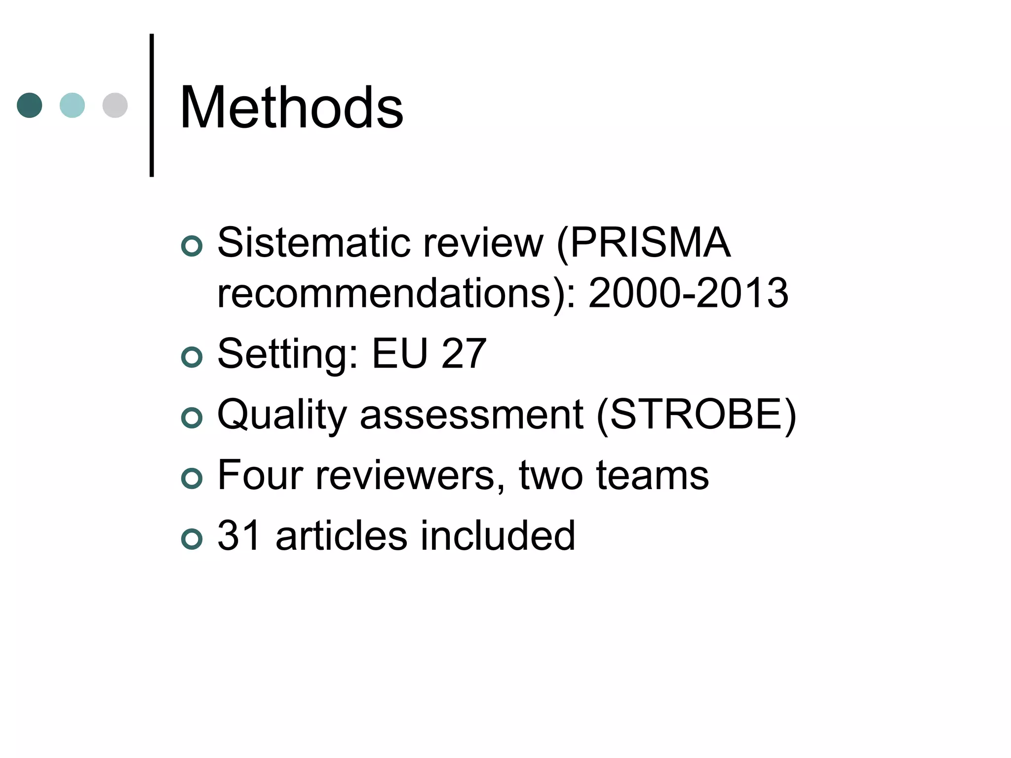 Methods
Sistematic review (PRISMA
recommendations): 2000-2013
Setting: EU 27
Quality assessment (STROBE)
Four reviewers, two teams
31 articles included