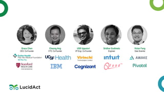 13
Cheong Ang
CTO, Co-Founder
Grace Chen
CEO, Co-Founder
USS Uppuluri
VP Engr, Co-Founder
Sridhar Gudimela
Engineer
Victor Fang
Data Scientist
 