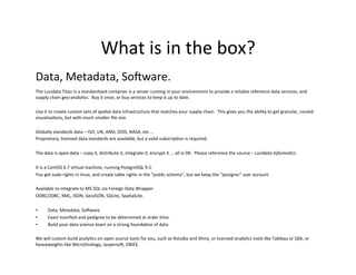 What	is	in	the	box?
The	Lucidata	Titan	is	a	standardized	container	is	a	server	running	in	your	environment	to	provide	a	reliable	reference	data	services,	and	
supply	chain	geo-analyKcs.		Buy	it	once,	or	buy	services	to	keep	it	up	to	date.	
	
Use	it	to	create	custom	sets	of	spaKal	data	infrastructure	that	matches	your	supply	chain.		This	gives	you	the	ability	to	get	granular,	routed	
visualizaKons,	but	with	much	smaller	ﬁle	size.	
	
Globally	standards	data	–	ISO,	UN,	ANSI,	DOD,	NASA,	etc	...	
Proprietary,	licensed	data	standards	are	available,	but	a	valid	subscripKon	is	required.	
	
The	data	is	open	data	–	copy	it,	distribute	it,	integrate	it,	encrypt	it	...	all	is	OK.		Please	reference	the	source	–	Lucidata	Informa=cs.	
	
It	is	a	CentOS	6.7	virtual	machine,	running	PostgreSQL	9.5.	
You	get	sudo	rights	in	linux,	and	create	table	rights	in	the	“public	schema”,	but	we	keep	the	“postgres”	user	account.	
	
Available	to	integrate	to	MS	SQL	via	Foreign	Data	Wrapper	
ODBC/JDBC,	XML,	JSON,	GeoJSON,	SQLite,	SpaKalLite.	
	
•  Data,	Metadata,	Solware.		
•  Exact	manifest	and	pedigree	to	be	determined	at	order	Kme.	
•  Build	your	data	science	team	on	a	strong	foundaKon	of	data		
	
We	will	custom	build	analyKcs	on	open	source	tools	for	you,	such	as	Rstudio	and	Shiny,	or	licensed	analyKcs	tools	like	Tableau	or	Qlik,	or	
heavyweights	like	MicroStrategy,	Jaspersol,	OBIEE.	
Data,	Metadata,	Solware.
 