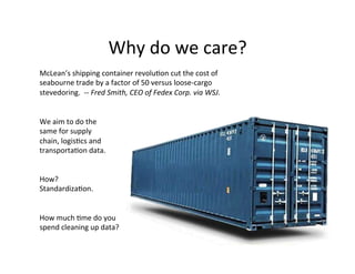 Why	do	we	care?
McLean’s	shipping	container	revoluKon	cut	the	cost	of	
seabourne	trade	by	a	factor	of	50	versus	loose-cargo	
stevedoring.		--	Fred	Smith,	CEO	of	Fedex	Corp.	via	WSJ.	
We	aim	to	do	the	
same	for	supply	
chain,	logisKcs	and	
transportaKon	data.	
How?			
StandardizaKon.
How	much	Kme	do	you	
spend	cleaning	up	data?
 