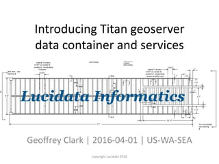 Introducing Titan geoserver
data container and services
Geoffrey Clark | 2016-04-01 | US-WA-SEA
copyright Lucidata 2016
 