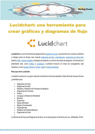 Lucidchart es una herramienta de diagramación basada en la web, que permite a los usuarios colaborar
y trabajar juntos en tiempo real, creando diagramas de flujo, organigramas, esquemas de sitios web,
diseños UML, mapas mentales, prototipos de software y muchos otros tipos de diagrama. Construida con
estándares web, como HTML5 y JavaScript, Lucidchart funciona en todos los navegadores web
modernos, como Google Chrome, Firefox, Safari e Internet Explorer .
Para que sirve Lucichart:
Lucidchart cuenta con una gran colección de librerías de formas estándar. Estas librerías incluyen formas
y plantillas para:
 Diagramas de Flujo
 Diagramas de Red
 Modelos y Notación de Procesos de Negocio
 Diagramas de Circuitos
 Planos
 Lenguaje Unificado de Modelado
 Bocetos
 Esquemas
 Mapas Mentales
 Mapas Conceptuales
 Organigramas
 Modelos de Entidad-Relación
 Diagramas de Venn

La librería de formas para Diagramas de flujo, es la más popular en términos de uso. (Wikipedia, 2019)
Maribel Pineda
 