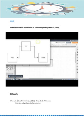 Video
Video tutorial de las herramientas de Lucidchart y como guardar tu trabajo.
Bibliografía
Wikipedia. (06 de Noviembre de 2019). Obtenido de Wikipedia:
https://es.wikipedia.org/wiki/Lucidchart
 