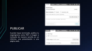 PUBLICAR
Cuando hayas terminado, publica tu
organigrama como PDF o imagen e
inclúyelo de manera sencilla en un
informe, una presentación o una
página web.
 