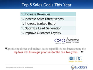 Top 5 Sales Goals This Year Copyright © 2008 LucidEra – All rights reserved Optimizing direct and indirect sales capabilities has been among the  top four CEO strategic priorities for the past two years. “ ” Increase Revenues Increase Sales Effectiveness Increase Market Share Optimize Lead Generation Improve Customer Loyalty 