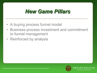 New Game Pillars  A buying process funnel model Business process investment and commitment to funnel management  Reinforced by analysis  © 2008 Mark Sellers and Breakthrough SalesPerformance LLC Sales Consulting  | www.breakthrough-sales.com 