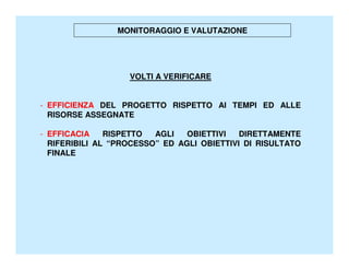 MONITORAGGIO E VALUTAZIONE




                   VOLTI A VERIFICARE


- EFFICIENZA DEL PROGETTO RISPETTO AI TEMPI ED ALLE
  RISORSE ASSEGNATE

- EFFICACIA    RISPETTO  AGLI   OBIETTIVI   DIRETTAMENTE
  RIFERIBILI AL “PROCESSO” ED AGLI OBIETTIVI DI RISULTATO
  FINALE
 