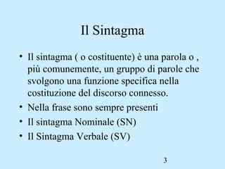 3
Il Sintagma
• Il sintagma ( o costituente) è una parola o ,
più comunemente, un gruppo di parole che
svolgono una funzione specifica nella
costituzione del discorso connesso.
• Nella frase sono sempre presenti
• Il sintagma Nominale (SN)
• Il Sintagma Verbale (SV)
 