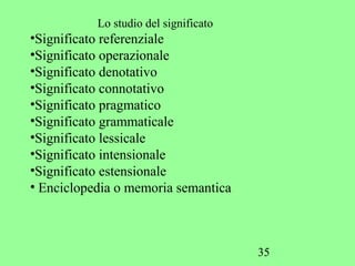35
Lo studio del significato
•Significato referenziale
•Significato operazionale
•Significato denotativo
•Significato connotativo
•Significato pragmatico
•Significato grammaticale
•Significato lessicale
•Significato intensionale
•Significato estensionale
• Enciclopedia o memoria semantica
 