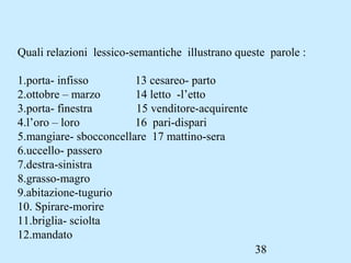 38
Quali relazioni lessico-semantiche illustrano queste parole :
1.porta- infisso 13 cesareo- parto
2.ottobre – marzo 14 letto -l’etto
3.porta- finestra 15 venditore-acquirente
4.l’oro – loro 16 pari-dispari
5.mangiare- sbocconcellare 17 mattino-sera
6.uccello- passero
7.destra-sinistra
8.grasso-magro
9.abitazione-tugurio
10. Spirare-morire
11.briglia- sciolta
12.mandato
 