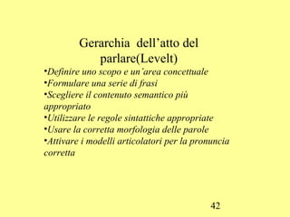 42
Gerarchia dell’atto del
parlare(Levelt)
•Definire uno scopo e un’area concettuale
•Formulare una serie di frasi
•Scegliere il contenuto semantico più
appropriato
•Utilizzare le regole sintattiche appropriate
•Usare la corretta morfologia delle parole
•Attivare i modelli articolatori per la pronuncia
corretta
 