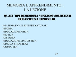 47
MEMORIA E APPRENDIMENTO :
LA LEZIONE
QUALI TIPIDIMEMORIA VENGONO SOLLECITATI
DURANTEUNA LEZIONEDI :
•MATEMATICA E SCIENZE NATURALI
•STORIA
•EDUCAZIONE FISICA
•MUSICA
•DISEGNO
•EDUCAZIONE LINGUISTICA
•LINGUA STRANIERA
•COMPUTER
 