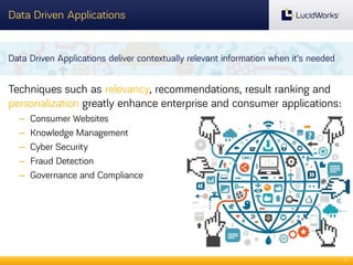 Data Driven Applications

Data Driven Applications deliver contextually relevant information when it’s needed

Techniques such as relevancy, recommendations, result ranking and
personalization greatly enhance enterprise and consumer applications:
–
–
–
–
–

Consumer Websites
Knowledge Management
Cyber Security
Fraud Detection
Governance and Compliance

5

 
