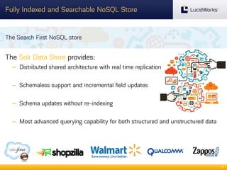 Fully Indexed and Searchable NoSQL Store

The Search First NoSQL store

The Solr Data Store provides:
– Distributed shared architecture with real time replication
– Schemaless support and incremental field updates

– Schema updates without re-indexing
– Most advanced querying capability for both structured and unstructured data

9

 