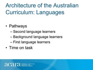 Architecture of the Australian
Curriculum: Languages

• Pathways
  – Second language learners
  – Background language learners
  – First language learners
• Time on task
 