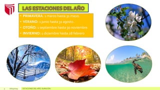 • PRIMAVERA: 1 marzo hasta 31 mayo.
• VERANO: 1 junio hasta 31 agosto.
• OTOÑO: 1 septiembre hasta 30 noviembre.
• INVIERNO: 1 diciembre hasta 28 febrero
3 26/03/2019 ESTACIONES DEL AÑO: DURACIÓN
 